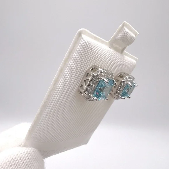 .925 Sterling Silver Halo Cushion Cut Simulated Aquamarine Cz Earrings - Picture 9 of 12
